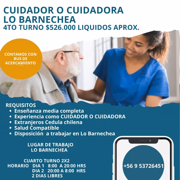 Lo Barnechea. Cuidador o cuidadora adulto mayor cuarto turno