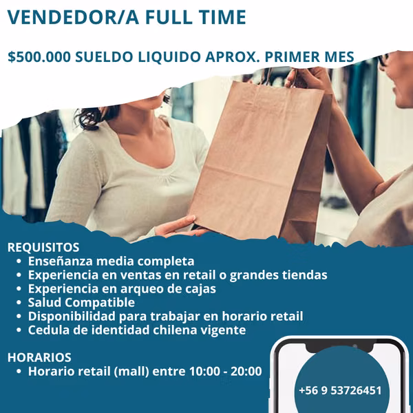 VENDEDOR/A FULL TIME SECTOR ORIENTE