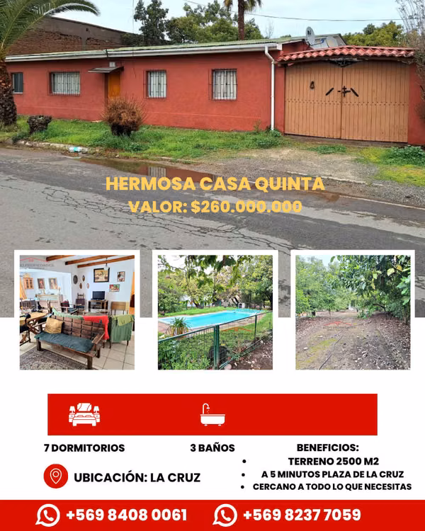 Se Vende Linda Casa Quinta de un piso, con amplio terreno, altura P 23, comuna de La Cruz.