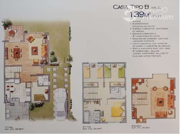 Casa pareada de 4D 3B, 3 pisos, 139/175 m2, La Florida