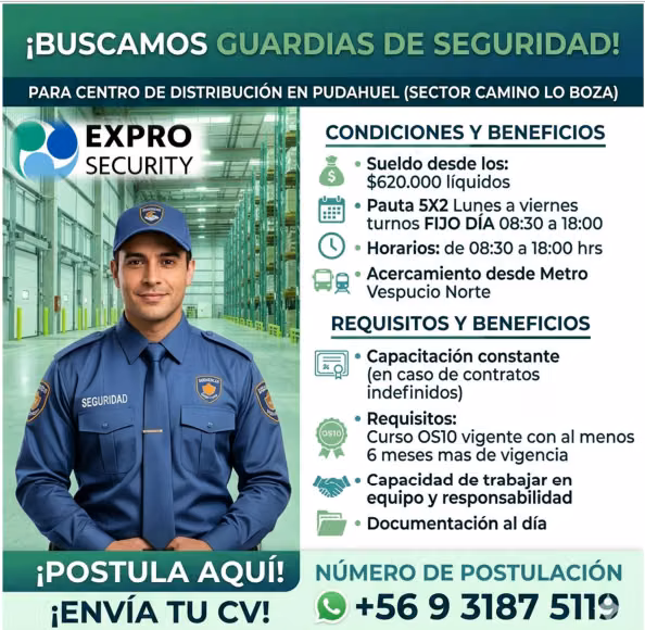 Guardias de seguridad - Lunes a Viernes - Pudahuel