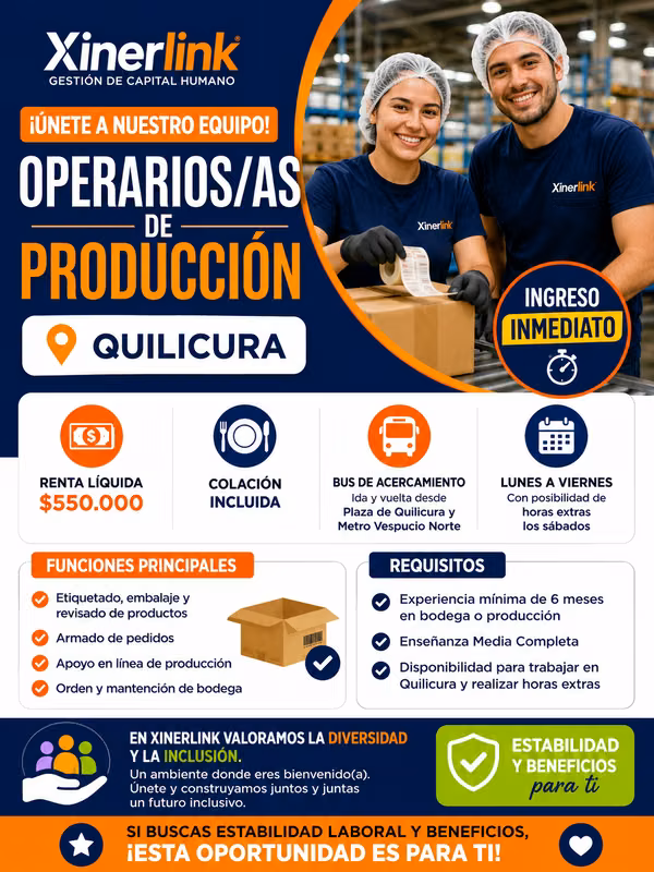  ¡OPERARIOS/AS DE PRODUCCIÓN – QUILICURA! - Quilicura / Lunes a viernes