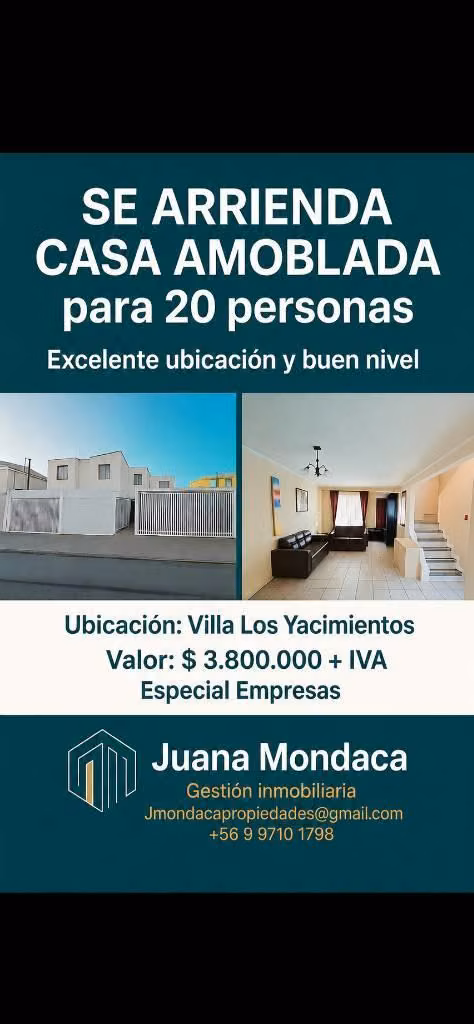 Corredora arrienda casa amoblada 20 personas