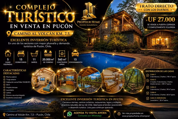 Venta 5 casas, 560 m2. Camino al Volcán. Pucón.