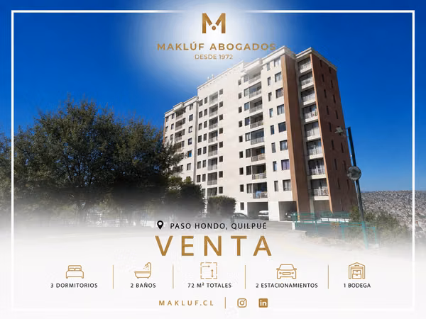 Departamento 3 dormitorios en venta, Paso Hondo, Quilpué