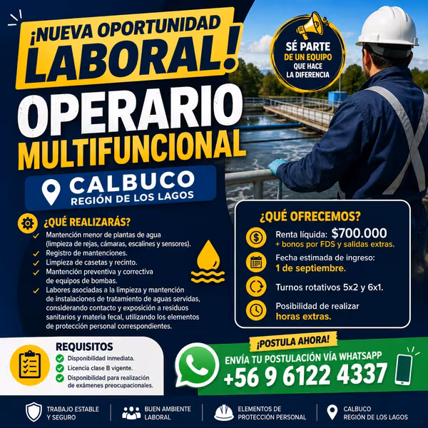 Operario/a de Planta de Tratamiento de Aguas – Calbuco - Licencia clase b
