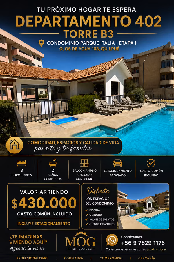 SE ARRIENDA DEPTO 3D/2B EN PARQUE ITALIA ETAPA I,
