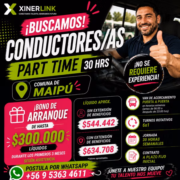 Conductor/a Part Time 30 Horas – Maipú y Cerro Navia