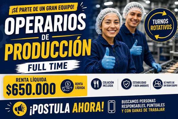 ¡Contratación Inmediata! Operario(a) de Producción | Huechuraba | $650.000