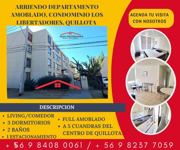 Se Arrienda Funcional Departamento, Full Amoblado, Condominio Los Libertadores, comuna de Quillota.