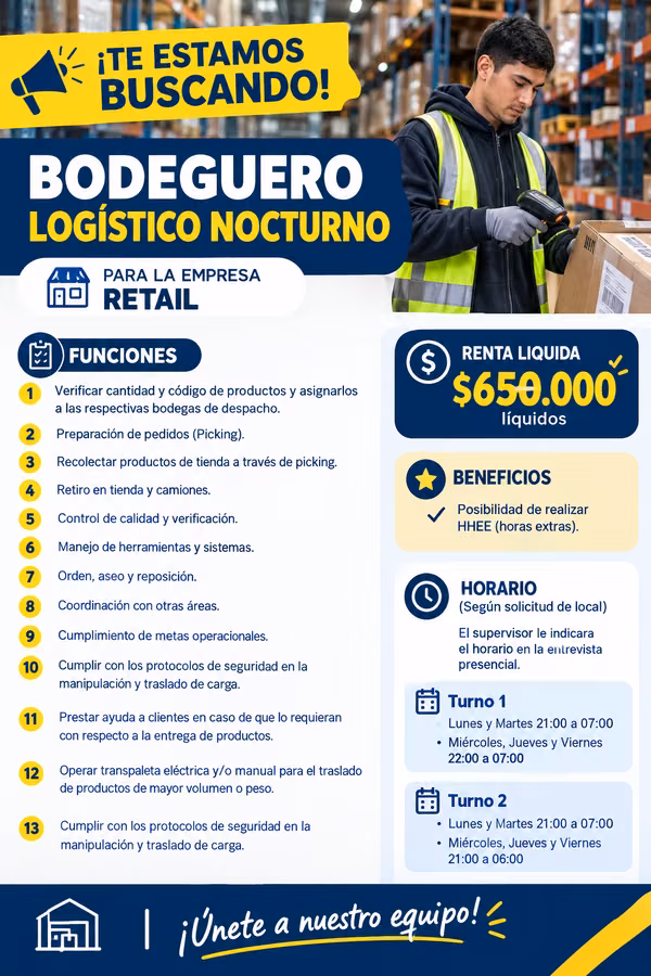 Bodeguero logístico Nocturno Quilicura 650.000