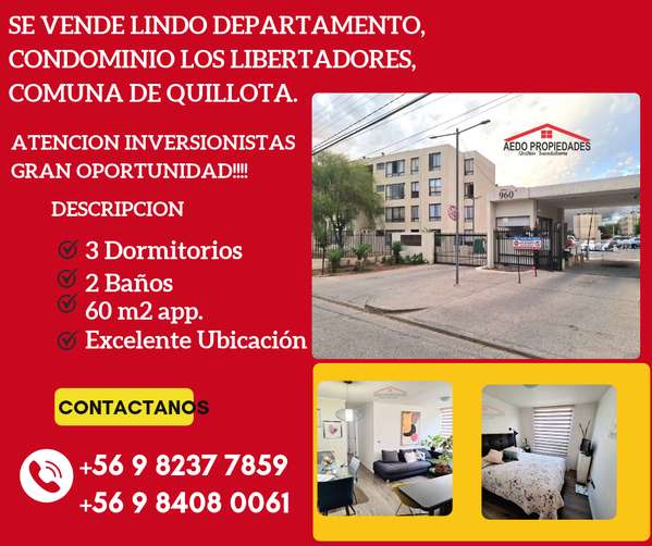 Se Vende Funcional y Lindo Departamento, Condominio Los Libertadores, comuna de Quillota.