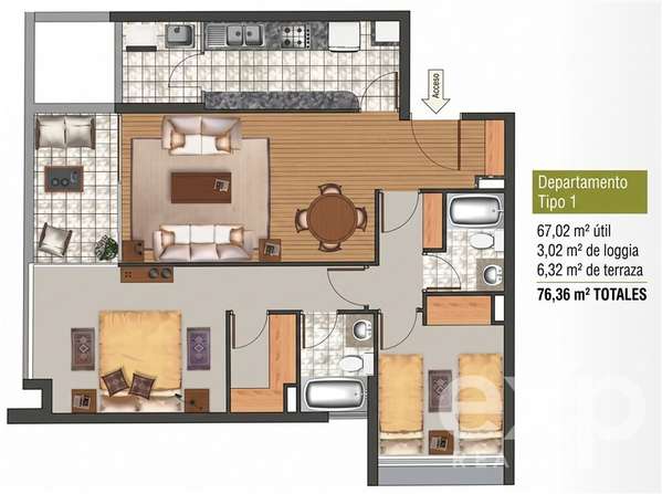 Departamento 2D2B con terraza, estacionamiento y bodega