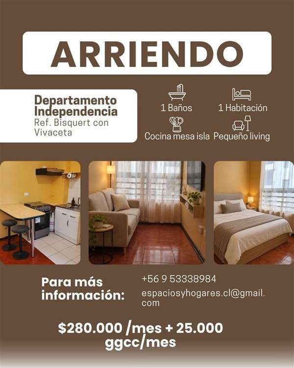 Departamento en arriendo de 1 dorm. en Independencia
