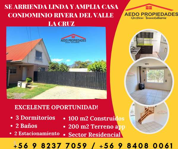 Se Arrienda Linda Casa Aislada, Condominio Rivera del Valle, Paradero 8, comuna de La Cruz.