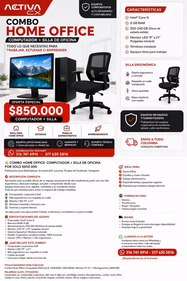 COMBO HOME OFFICE : COMPUTADOR + SILLA DE OFICINA POR SOLO $850.000