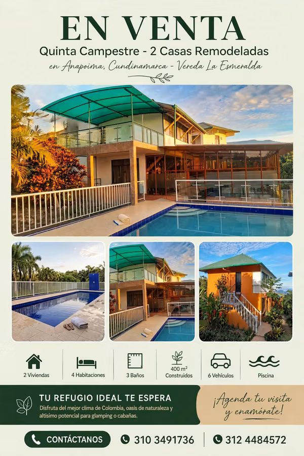 Espectacular  Finca en Anapoima Vereda La Esmeralda – 2 Casas, Piscina Y Gran Terreno
