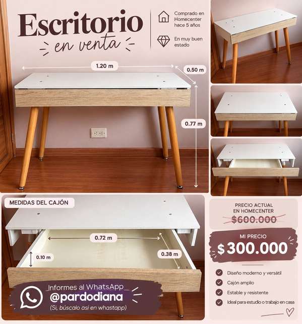 Escritorio Mdp 120x50 Cm, Altura 77 Cm