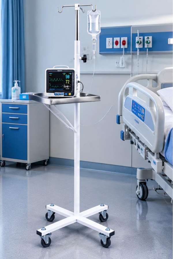 Atril porta sueros con bandeja inoxidable para monitor