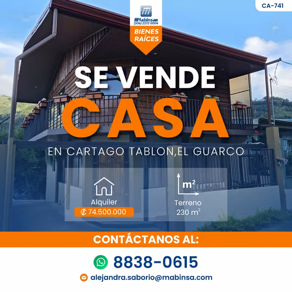 CA-741 - Venta de Casa en Tablón, El Guarco, Cartago