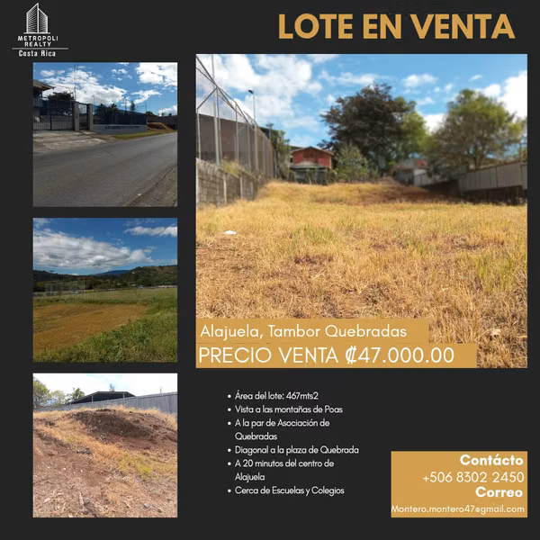 Venta de Lote 467 M2 Quebradas/ Tambor/ Alajuela