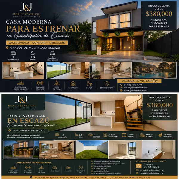 Casa Moderna Nueva en Venta en Guachipelín Escazú | 3 Hab | Jardín | Desde $380,000