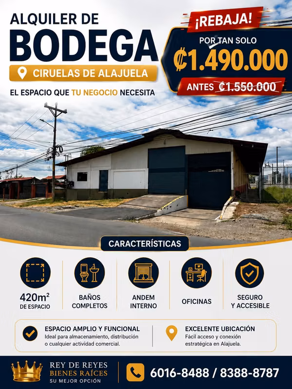  ALQUILER DE AMPLIA BODEGA EN CIRUELAS DE ALAJUELA 