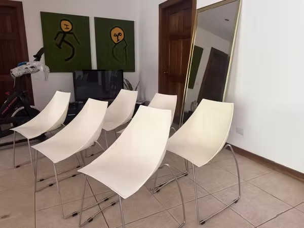 6 White Acrylic Chairs – Stainless Steel Base