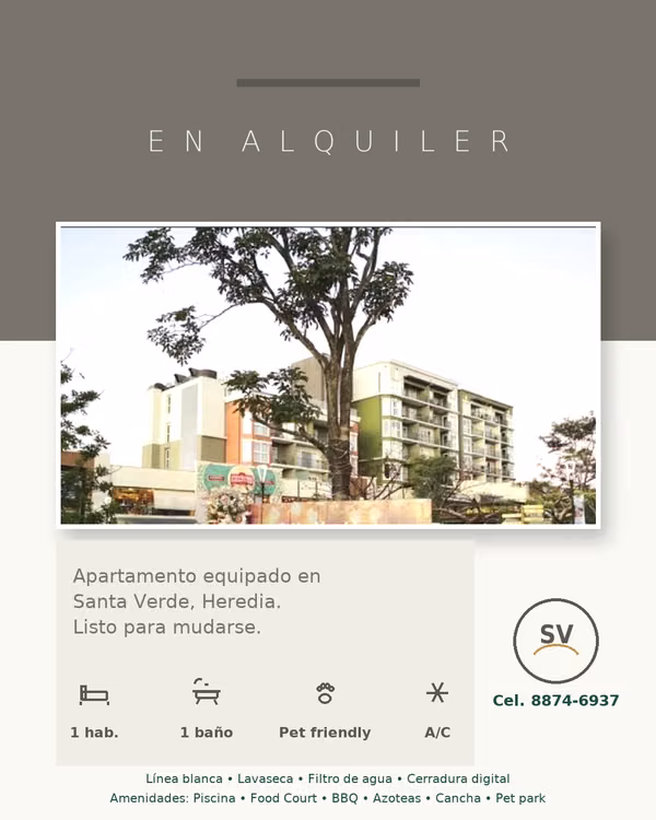 Beautiful equipped apartment for rent in Condominio Santa Verde, Heredia