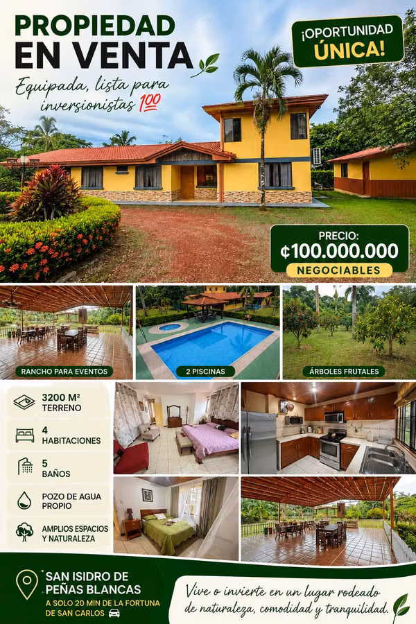 CASA GRANDE CON PISCINA 3200 MTS SAN ISIDRO DE PEÑAS BLANCAS SAN CARLOS