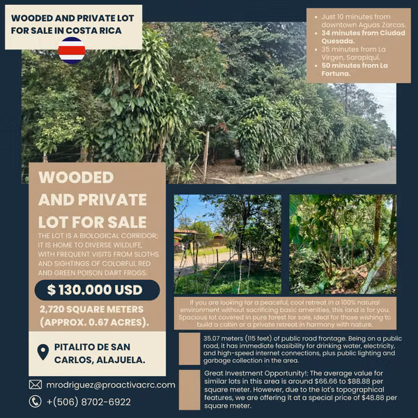 Wooded and Private Lot for Sale: Biodiversity in Vitalito, Aguas Zarcas, San Carlos, Alajuela.
