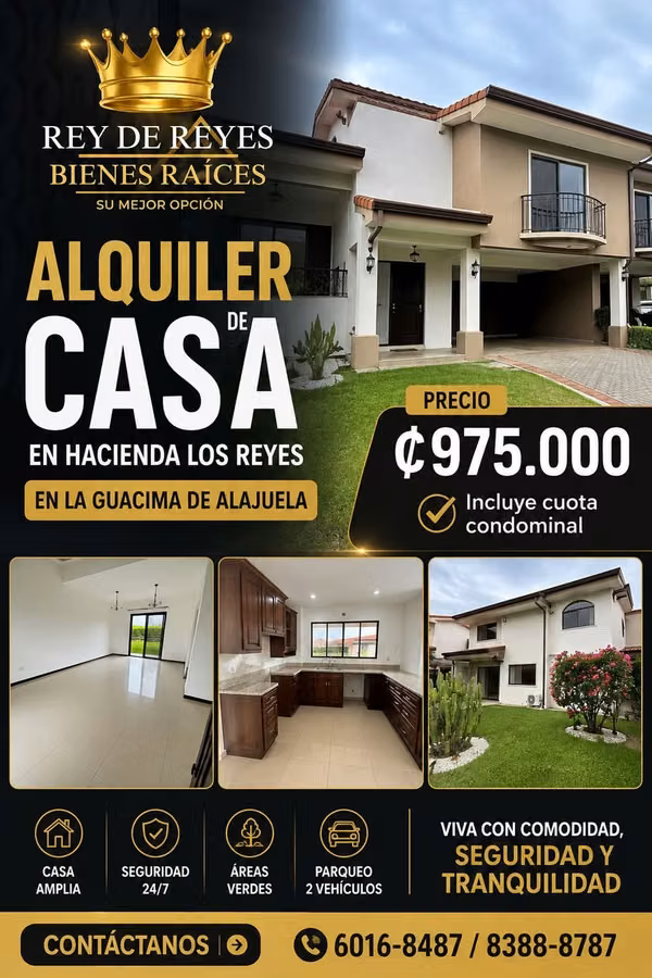 ¡CASA AMPLIA EN ALQUILER EN HACIENDA LOS REYES – LA GUÁCIMA, ALAJUELA!