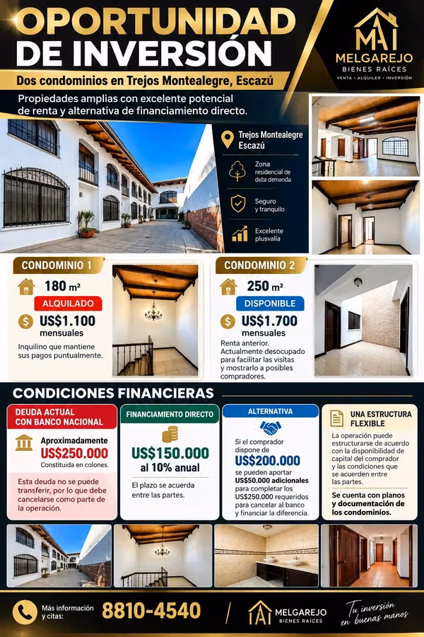 OPORTUNIDAD DE INVERSION,Se venden dos apartamentos en trejos, Montealegre, Escazú.