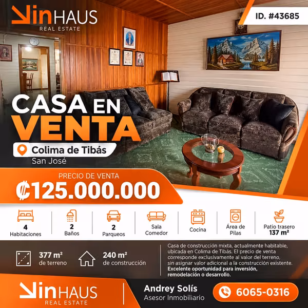 Venta de propiedad en Tibas AS ID43685