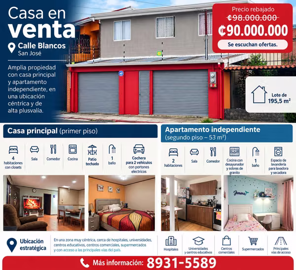 Casa + apartamento independiente en Calle Blancos | Rebajada a 90 millones | Se escuchan ofertas