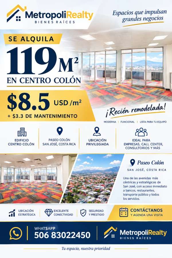 Alquiler de Oficina Comercial de 119 M2/ $1400 /Paseo colon / San jose