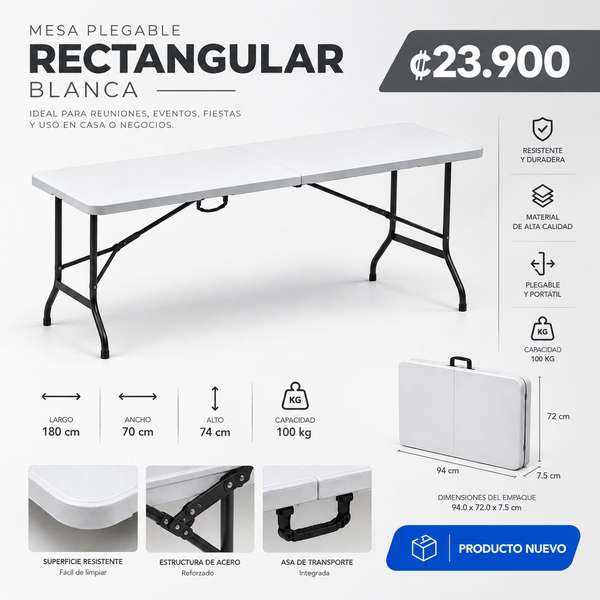 Mesa Plegable Rectangular 180 cm Blanca Nueva Reforzada