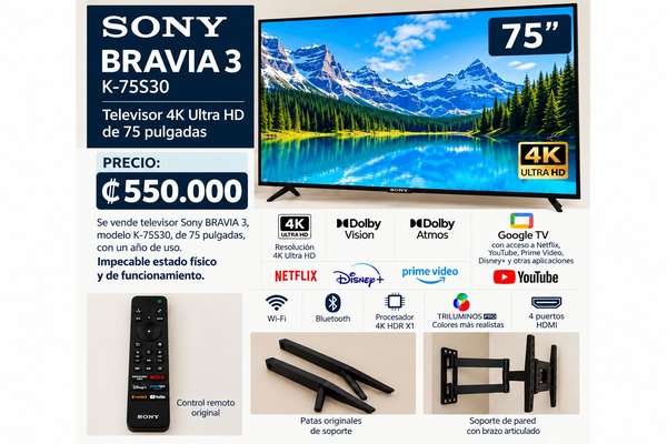 Pantalla SONY BRAVIA 3 75” ULTRA HD (Alta Definición) Modelo K-75S30. 