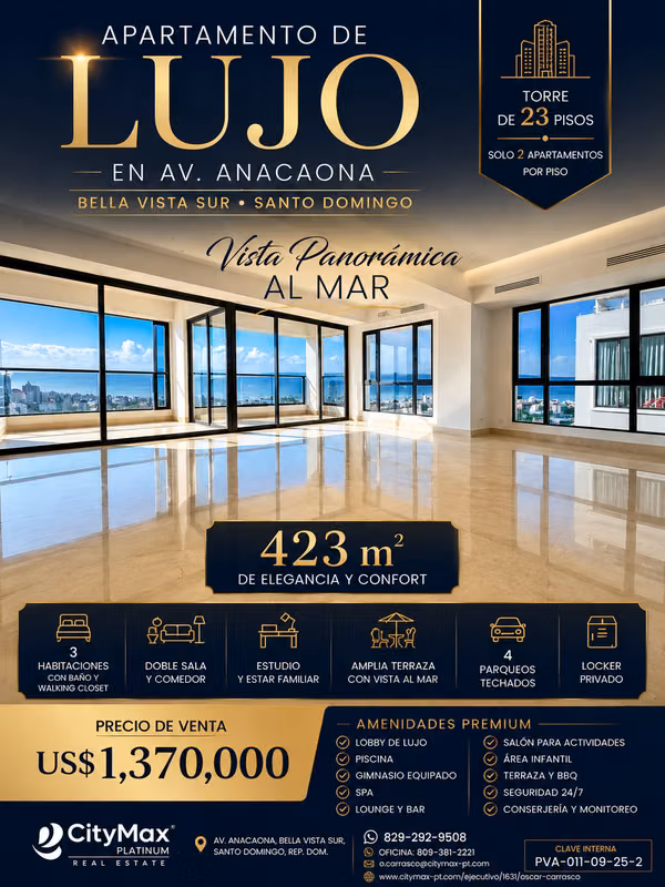 LUXURY APARTMENT FOR SALE IN AV. ANACAONA, BEAUTIFUL SOUTH VIEW - SEA VIEW