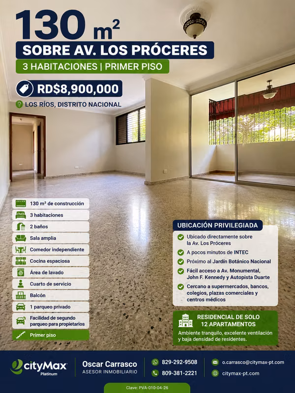 Apartamento 130 m² Sobre Av. Los Próceres | 3 Habs | Primer Piso | RD$8.9 MM