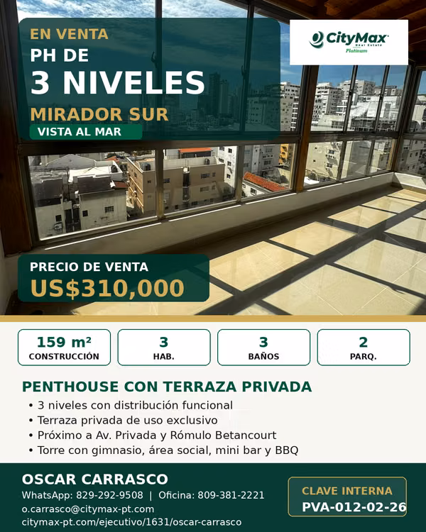 Penthouse en venta de 3 niveles con terraza privada y vista al mar en Mirador Sur – US$310,000