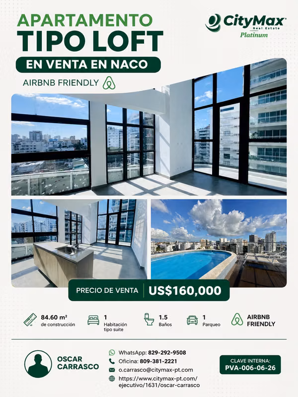 Apartamento tipo Loft en venta en Naco | Airbnb Friendly | US$160,000