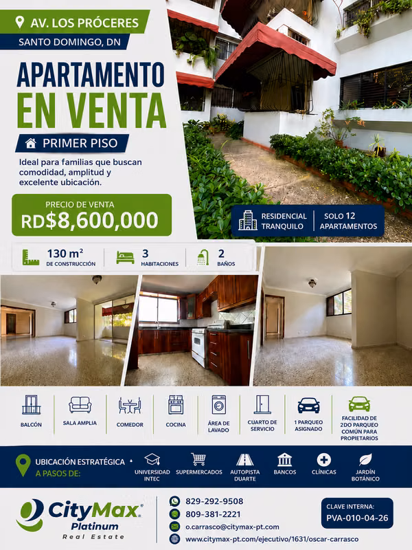 Apartment for Sale in Av. The Proceres, The Rios, 124; 130 m ², 124; First Floor, 124; RD $8,600,00