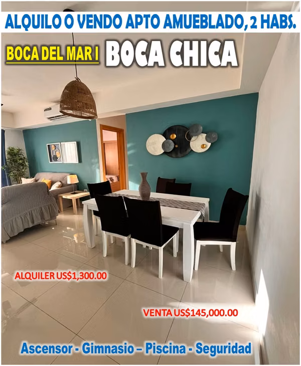 ALQUILO O VENDO APTO AMUEBLADO, 2 HABS., BOCA CHICA, TORRE  BOCA DEL MAR I