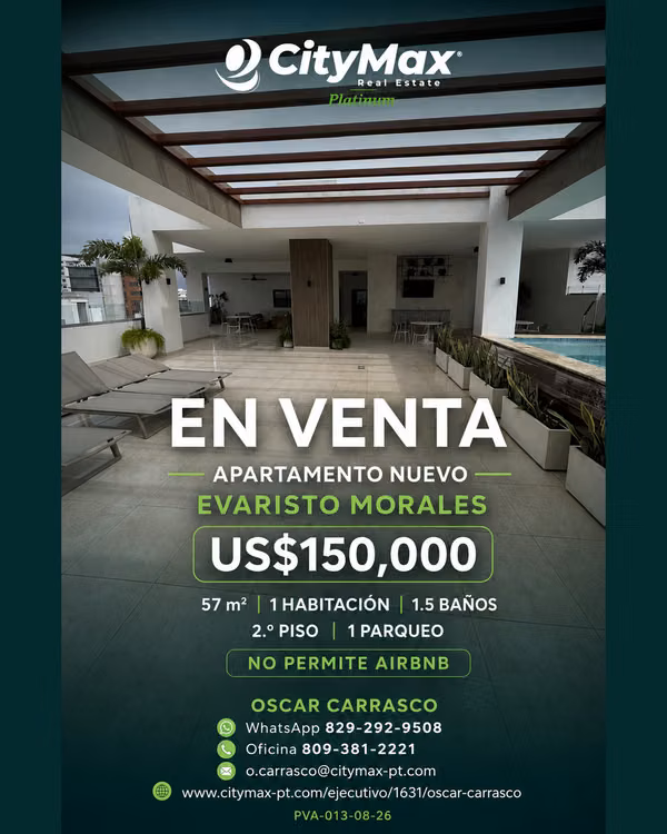 Apartamento nuevo en venta 1 habitación en Evaristo Morales, Santo Domingo. Precio: US$150,000