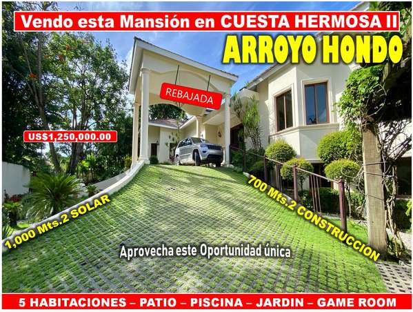 Impressive Selling Mansion in Cuesta Hermosa II, 5 HABS., 1,000 Mts.2, Patio, Pool, REBAJADA