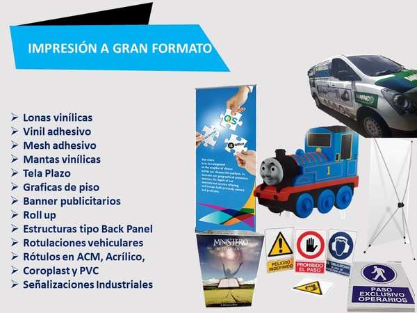 Mesh, sandblast, roll up, dummies en coroplast, señalizaciones