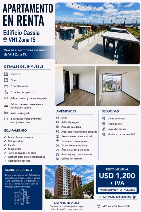 RENTO APTO ZONA 15 VH1 EDIF. CASSIA REF.6937 *79M2, 2 HAB, 2 BAÑOS, 2 PARQ