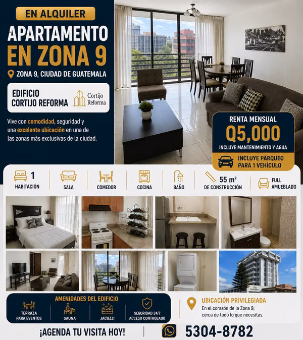  APARTAMENTO AMUEBLADO EN RENTA – ZONA 9 | Q5,000 CON PARQUEO