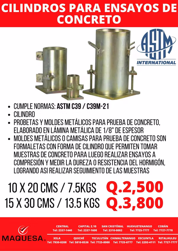 CILINDROS PARA ENSAYOS DE CONCRETO MAQUESA